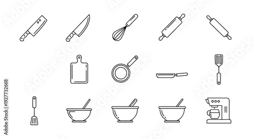 Kitchen Utensils and Appliances Line Icons Set.
