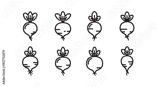 Outline Radish Icons Set Isolated on White Background Simple Vector Graphics