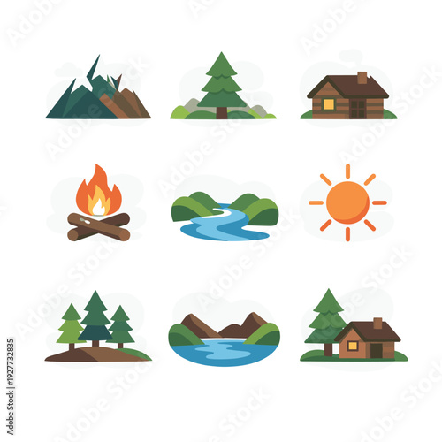 Nature Icons Collection with Mountains and River