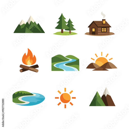 Outdoor Adventure Icon Set Featuring Nature Elements