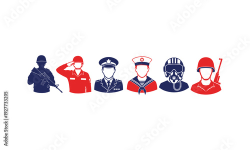 Diverse military professions avatar set with pilot sailor officer and infantry illustration