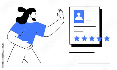 Woman gesturing stop toward a user profile with five-star rating, emphasizing privacy, choice, and control over personal data. Ideal for identity management, online privacy, HR, data security