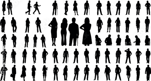 Large collection of black vector silhouettes featuring diverse men and women walking and standing isolated on a white background element.