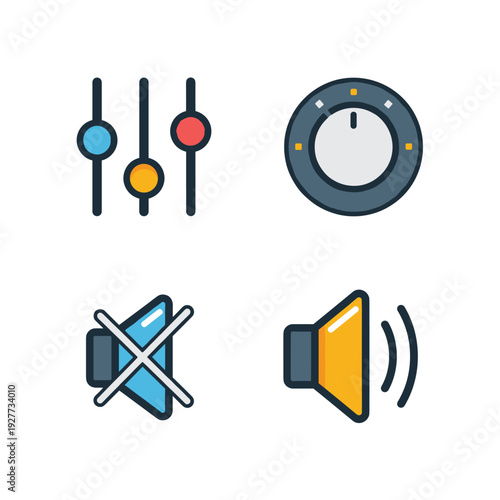 Colorful audio control interface icon set with sliders and knobs.