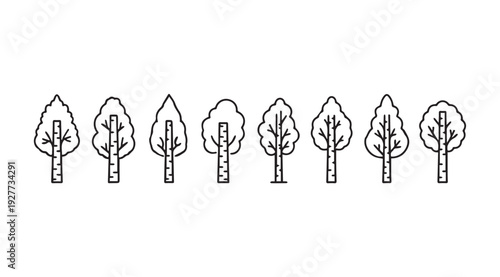 Row of Outline Trees with Different Leaf Shapes and Bark Texture Minimalist Vector Illustration