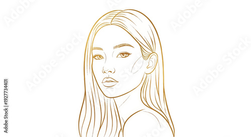 Golden line art illustration of a young woman with long hair