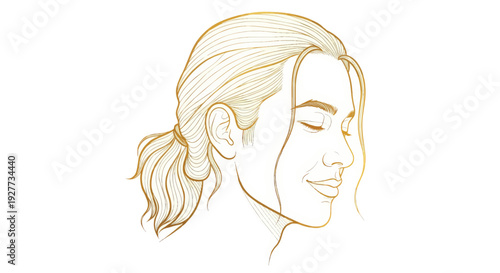 A gold line drawing of a woman with her hair in a ponytail smiling