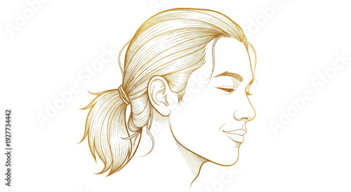 A gold line drawing of a womans face in profile with her hair in a ponytail