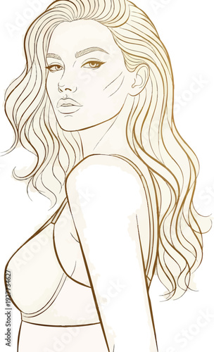 A gold line drawing of a woman with long wavy hair and a bare upper body