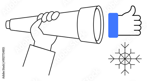 Observation concept. Observation tools thumbs up a hand-held telescope alongside positivity symbols such as a thumbs-up and snowflake. Observation encouraging foresight and analysis. Great