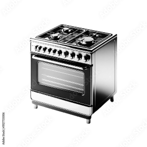 Vintage gas stove isolated on white background. Retro kitchen oven with cooktop burners in black and white halftone style. Household appliance, cooking and home interior concept.