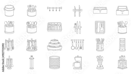 Collection of diverse kitchen utensil storage solutions and organization accessories presented as a simple black and white vector graphic outline design set