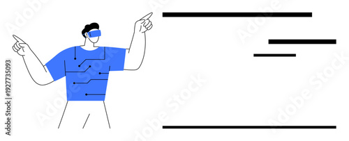 Virtual reality, technology advancement, digital interfaces, data networks, innovation, AI concepts. A person wearing VR glasses with circuit design and futuristic elements. Virtual reality