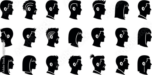 Vector illustration set of diverse male and female profile silhouettes featuring modern hairstyles for barbershop salon avatars and design projects.