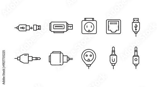 Set of line icons for electronic connectors and power plugs isolated on white background