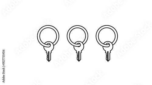 A clean and simple vector illustration featuring three identical keys, each securely attached to its own circular metal keyring, presented as a black outline graphic