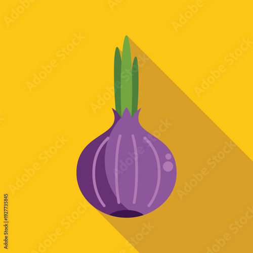 Purple red onion vegetable with green stem creating a long shadow on a yellow background