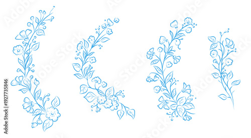 Floral borders with flowers, twigs, and leaves. Vector illustration. Hand-drawn botanical round wreaths with branches and buds in line art, isolated on a white background. Not AI