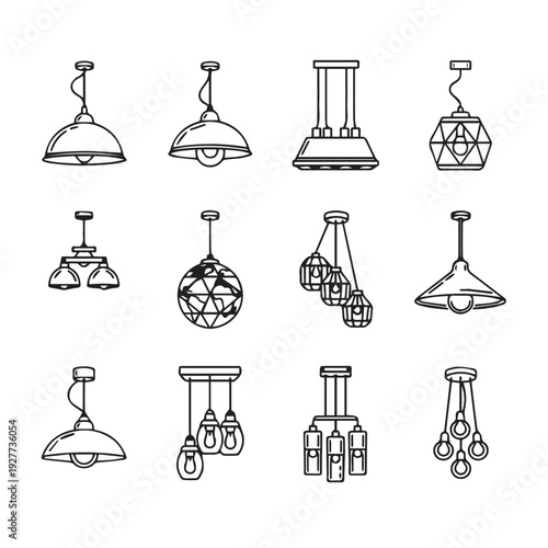 Collection of Pendant Light Fixture Icons and Line Drawings for Interior Design