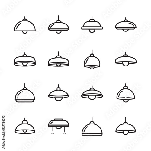 Collection of Pendant Light Icons Various Styles Clean Line Art Isolated on White