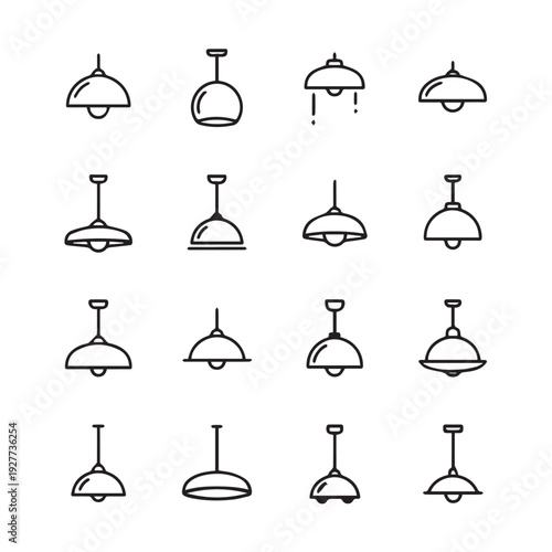 Collection of Pendant Light Icons Various Styles Line Art Isolated on White