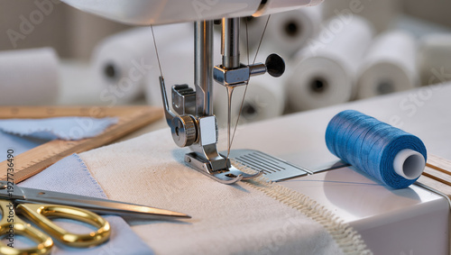 Close-up of sewing machine stitching zigzag seam on light fabric, with gold scissors, wooden ruler, blue thread spool and fabric pieces. Ideal for tailoring, fashion production, atelier