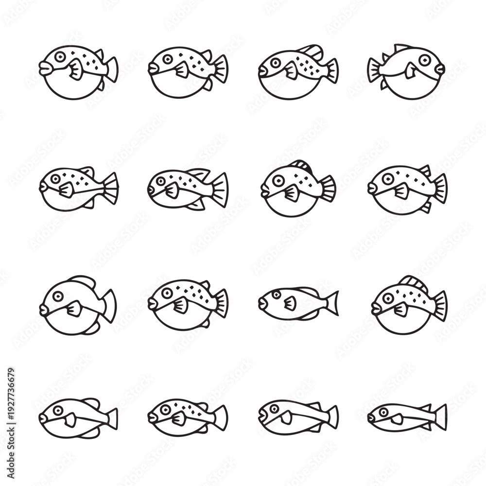 Obraz premium Collection of Puffer Fish and Other Fish Illustrations in Simple Line Art Style