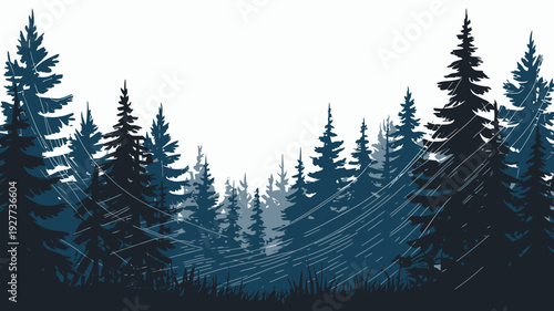 Dark blue pine forest silhouette with falling rain and white background trees nature