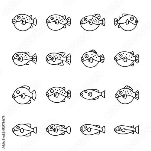 Collection of Puffer Fish and Other Fish Illustrations in Simple Line Art Style