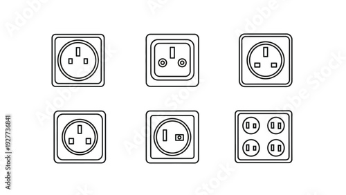 Collection of various international electrical power outlet and socket receptacle outline vector graphic icons illustrating diverse plug standards for electricity.