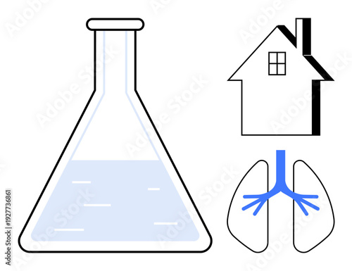 Scientific research, environmental health, medical studies, human anatomy, home safety, healthcare innovation. A flask, house and lung diagram with blue bronchial pathways. Scientific research