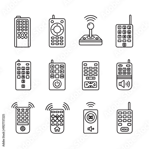 Collection of Remote Controls and Game Controller Icons Line Art Technology