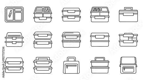 Collection of various black outline vector graphic illustrations depicting different styles of portable food storage containers and lunch boxes for meals