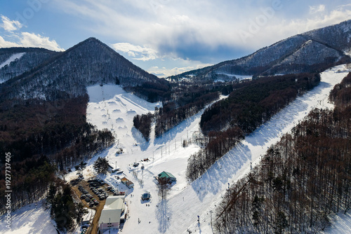 Sunny winter day at a Japanese ski area featuring terrain park and mountains