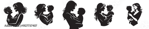 vector silhouette of a happy mother carrying her child