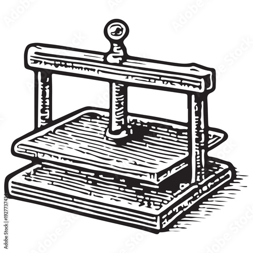 Vintage Bookbinding Lying Press Screw Clamp Black White Line Art Illustration Isolated