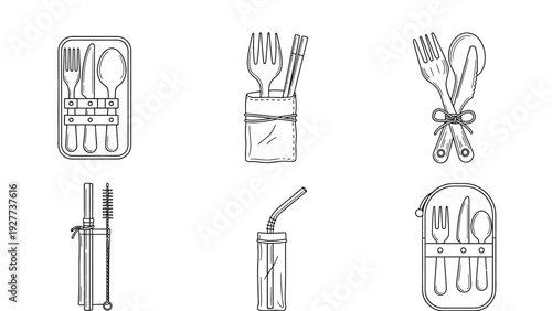 Collection of reusable portable cutlery sets and zero waste eating utensil illustrations presented as a black and white vector graphic design