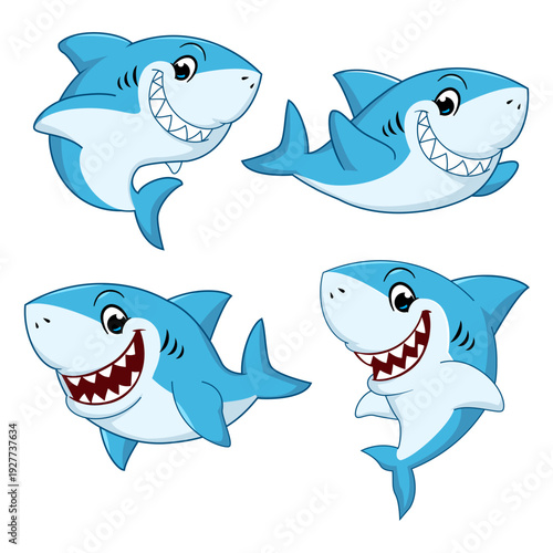 Cute Blue Shark Mascot Collection with Various Happy Poses and Expressions