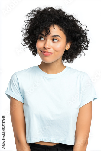 Smiling young woman models blank light blue crop top t-shirt mockup