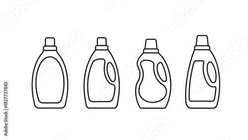 This vector graphic illustration displays a set of four unique laundry detergent or fabric softener bottle outlines, ideal for modern cleaning product branding and packaging design.