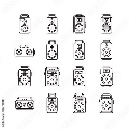 Collection of Speaker Icons Vector Line Art and Retro Boombox Set