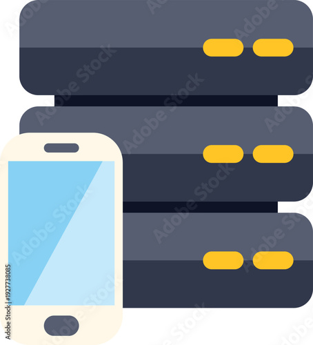 Smartphone connecting to a stack of servers representing data hosting and technology