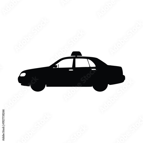 taxi driving in traffic silhouette vector illustration, Classic black and white taxi cab with rooftop light silhouette vector illustration for transportation design