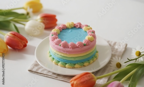 Elegant Pastel Celebration Cake with Buttercream Flowers on White Background