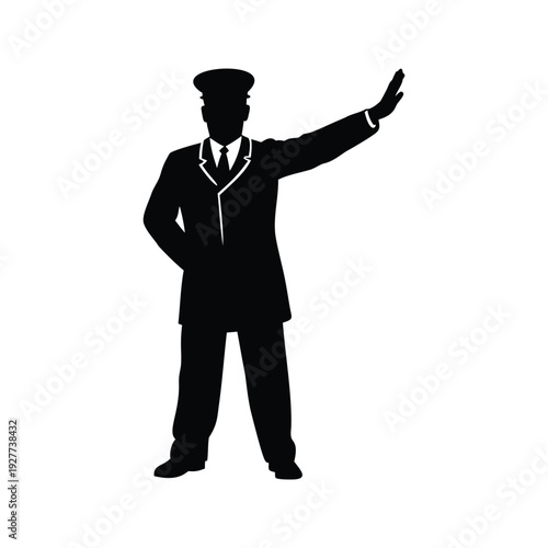 train conductor signaling silhouette vector illustration, Police officer directing traffic with arm extended silhouette vector illustration