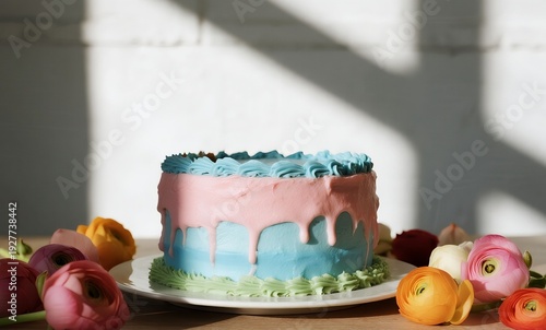 Soft Pastel Birthday Cake with Buttercream Floral Border in Natural Daylight