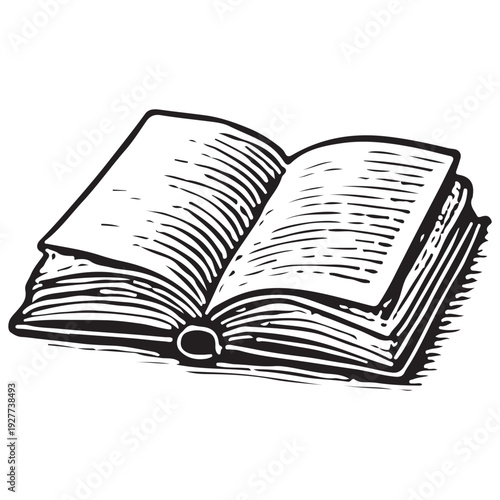 Vintage Open Book Pages Black White Line Art Engraving Illustration Isolated