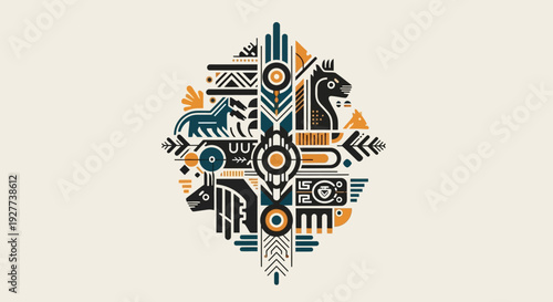 Abstract Geometric Pattern with Tribal Motifs and Symmetrical Design.