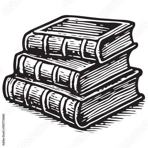Vintage Stack of Old Books Tied Bundle Black White Line Art Isolated