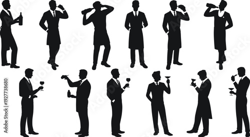 Men Drinking Wine Silhouette Collection, Elegant Male Characters Holding Glass and Bottle Isolated Flat Vector Illustration Set